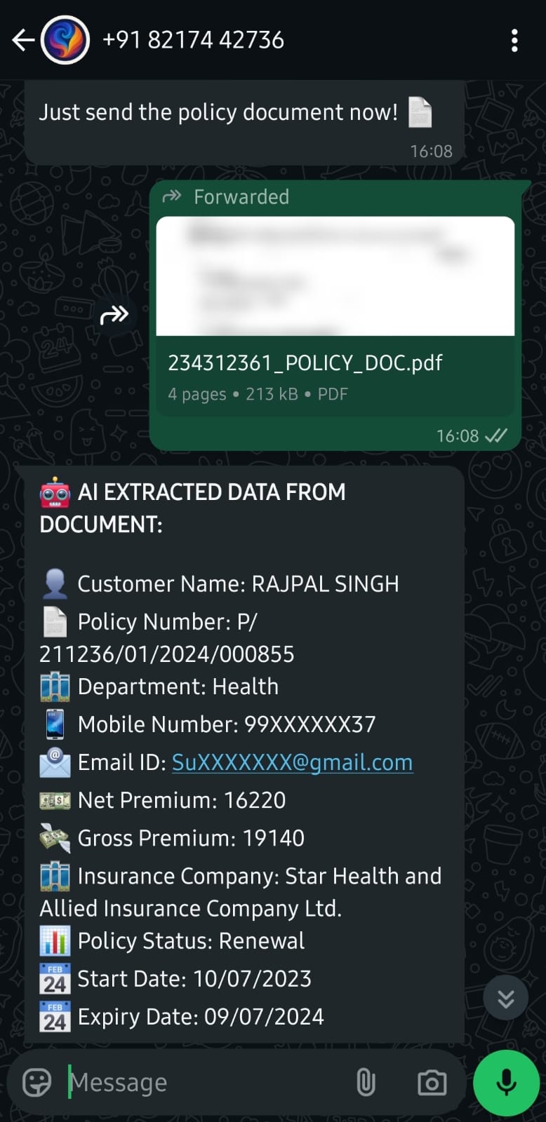 WhatsApp Rev Interface - AI Data Extraction
