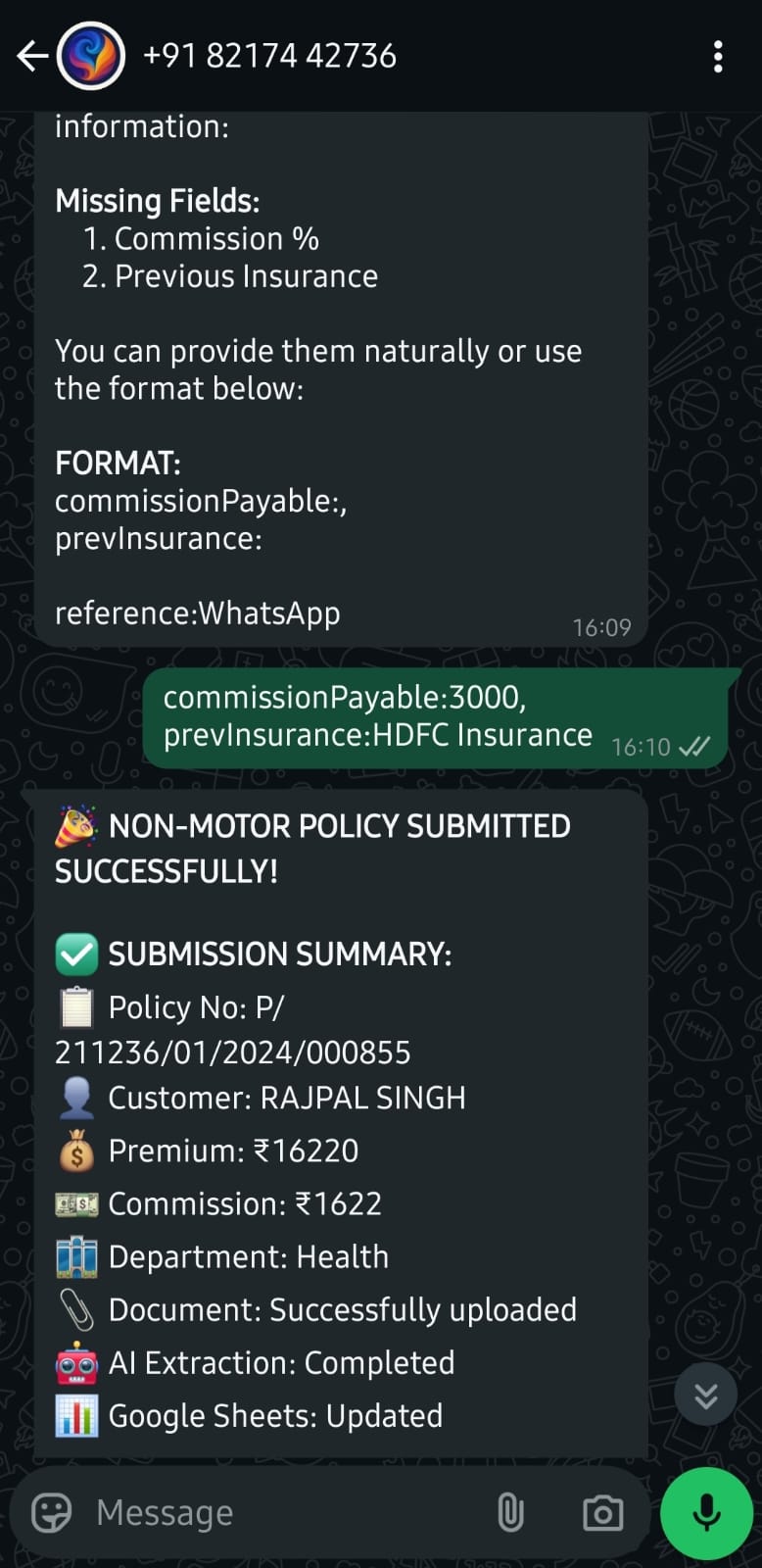 WhatsApp Rev Interface - Policy Submission