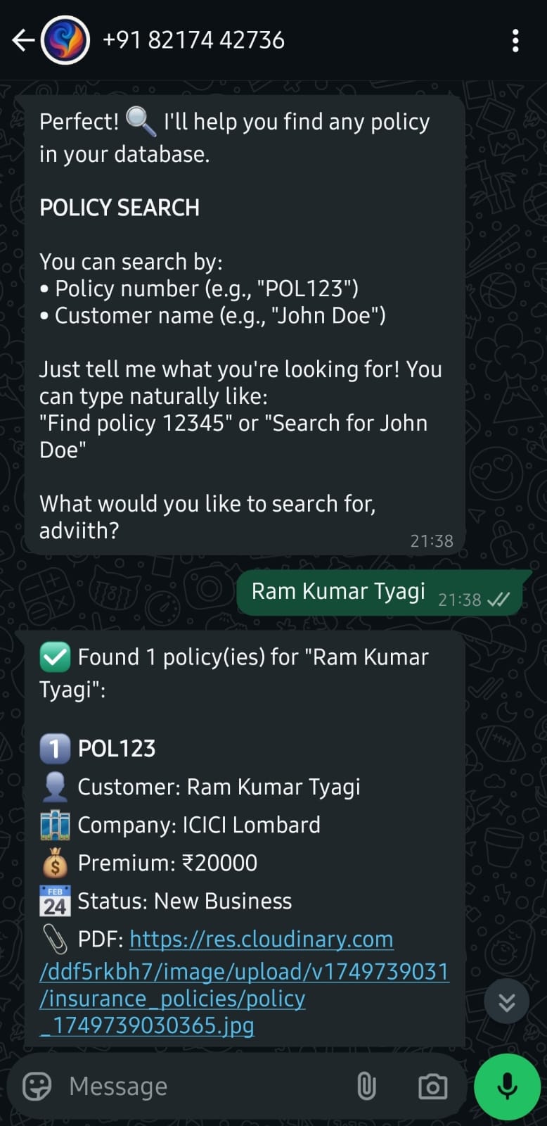 WhatsApp Rev Interface - Policy Search